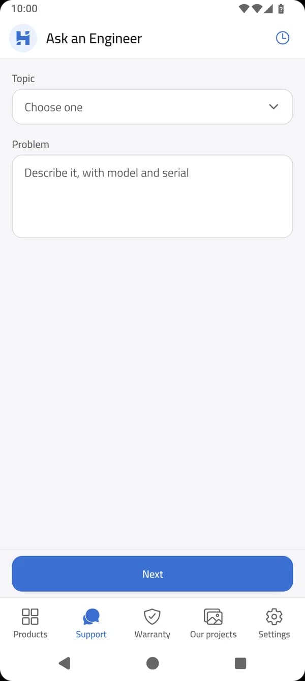 Ask an Engineer screen in the Horizon Care app