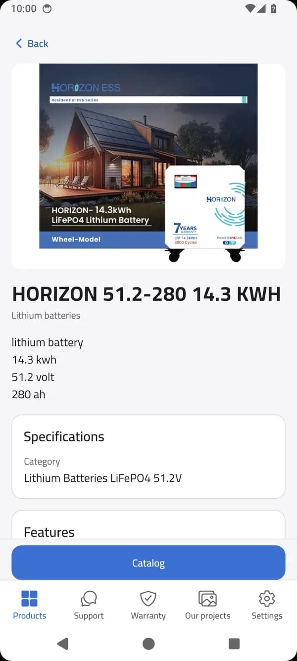 Specifications screen in the Horizon Care app