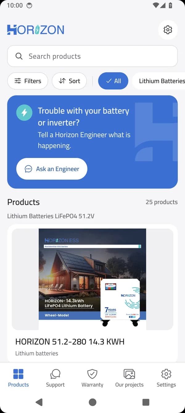 The Products screen of Horizon Care, with its Ask an Engineer button