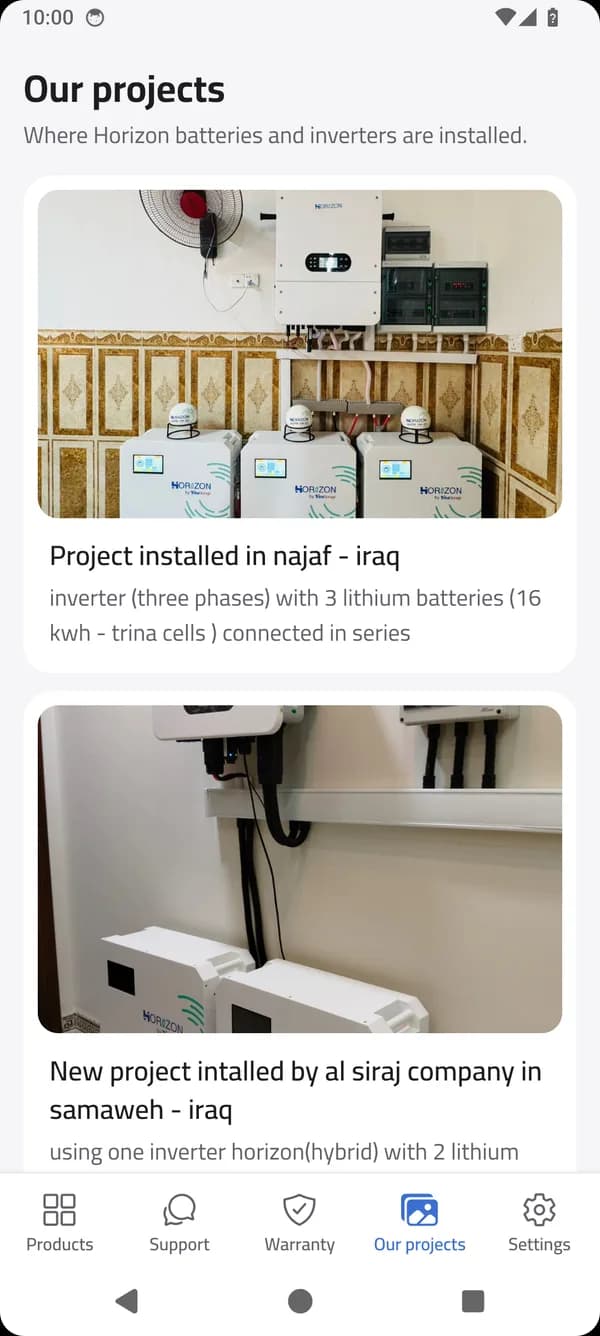Our projects screen in the Horizon Care app